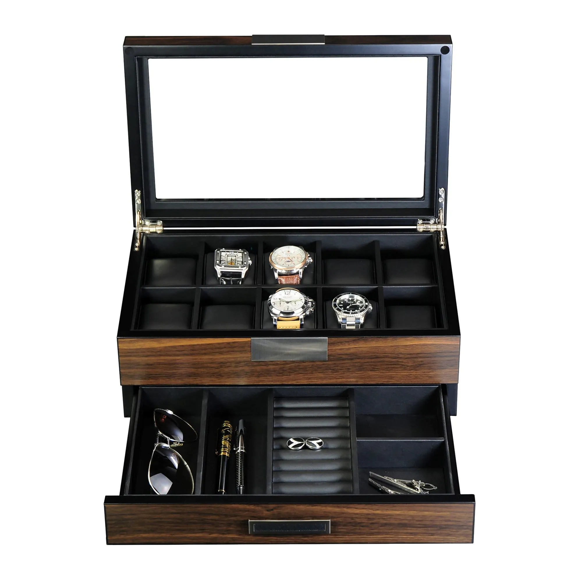 10 Slots Ebony Wooden Watch Box with Drawer