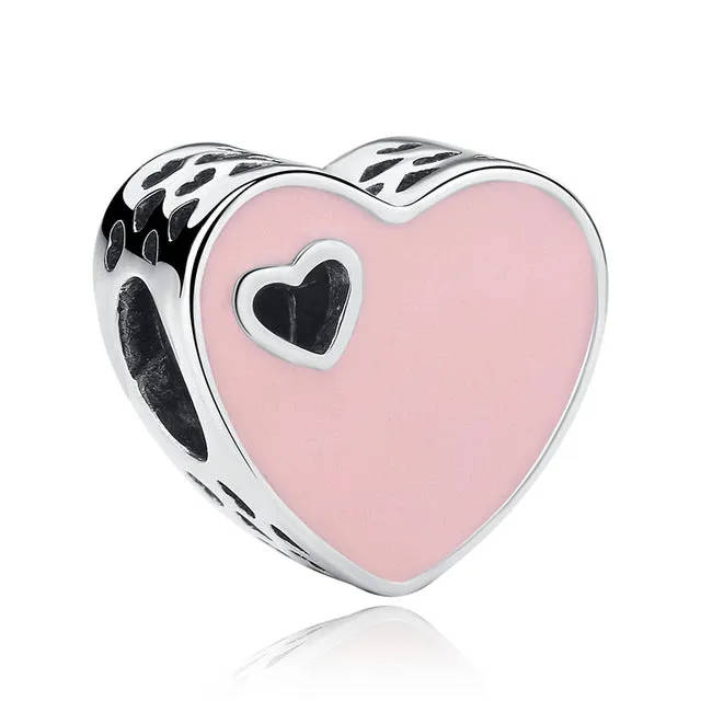 100% Authentic 925 Sterling Silver Heart Shape Charm Beads Fit pandora Charm Bracelet DIY Original Silver Jewelry