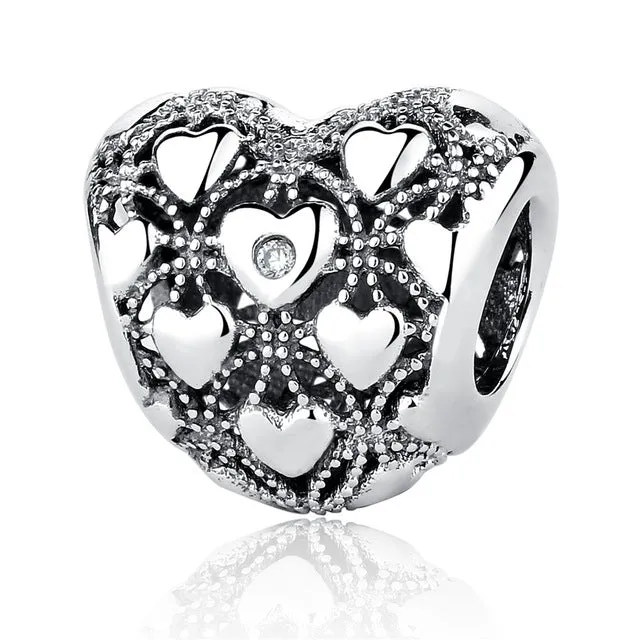 100% Authentic 925 Sterling Silver Heart Shape Charm Beads Fit pandora Charm Bracelet DIY Original Silver Jewelry