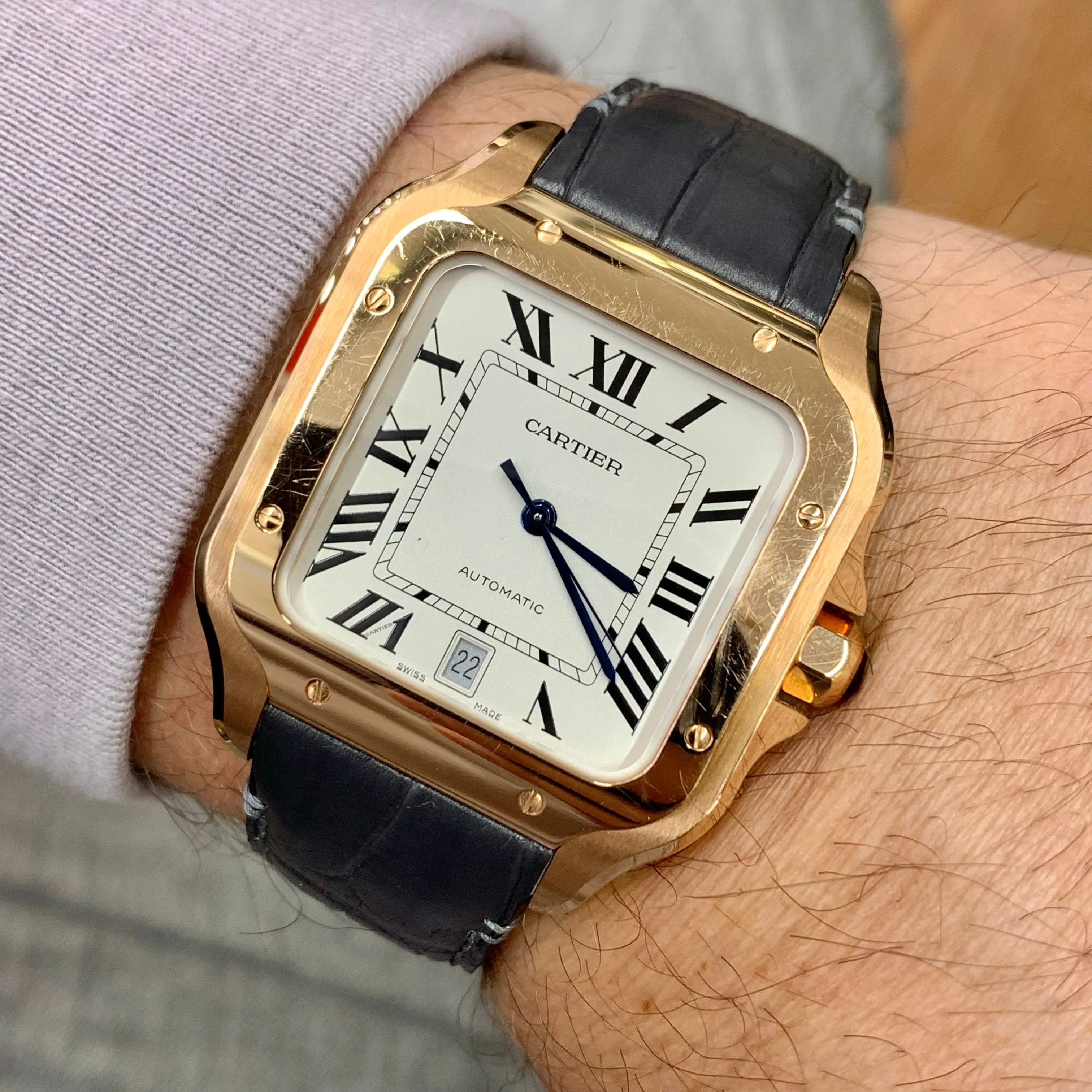 18k Rose Gold 40mm Cartier Santos Watch with Gray Leather Band