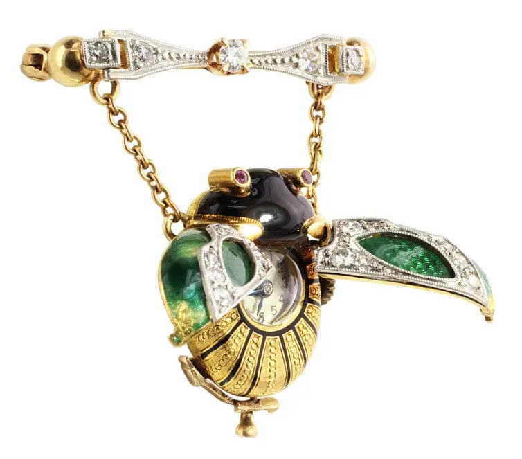 18K Yellow Gold Platinum Beetle Antique Enamel Art Nouveau Pendant Watch