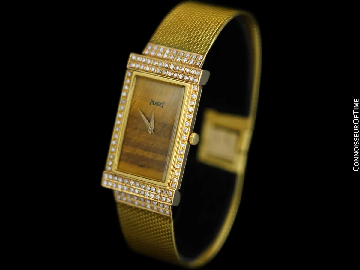 1960's Piaget Vintage Mens Large Watch with Tiger Eye Dial and Award Winning 9P Movement - 18K Gold & Diamonds