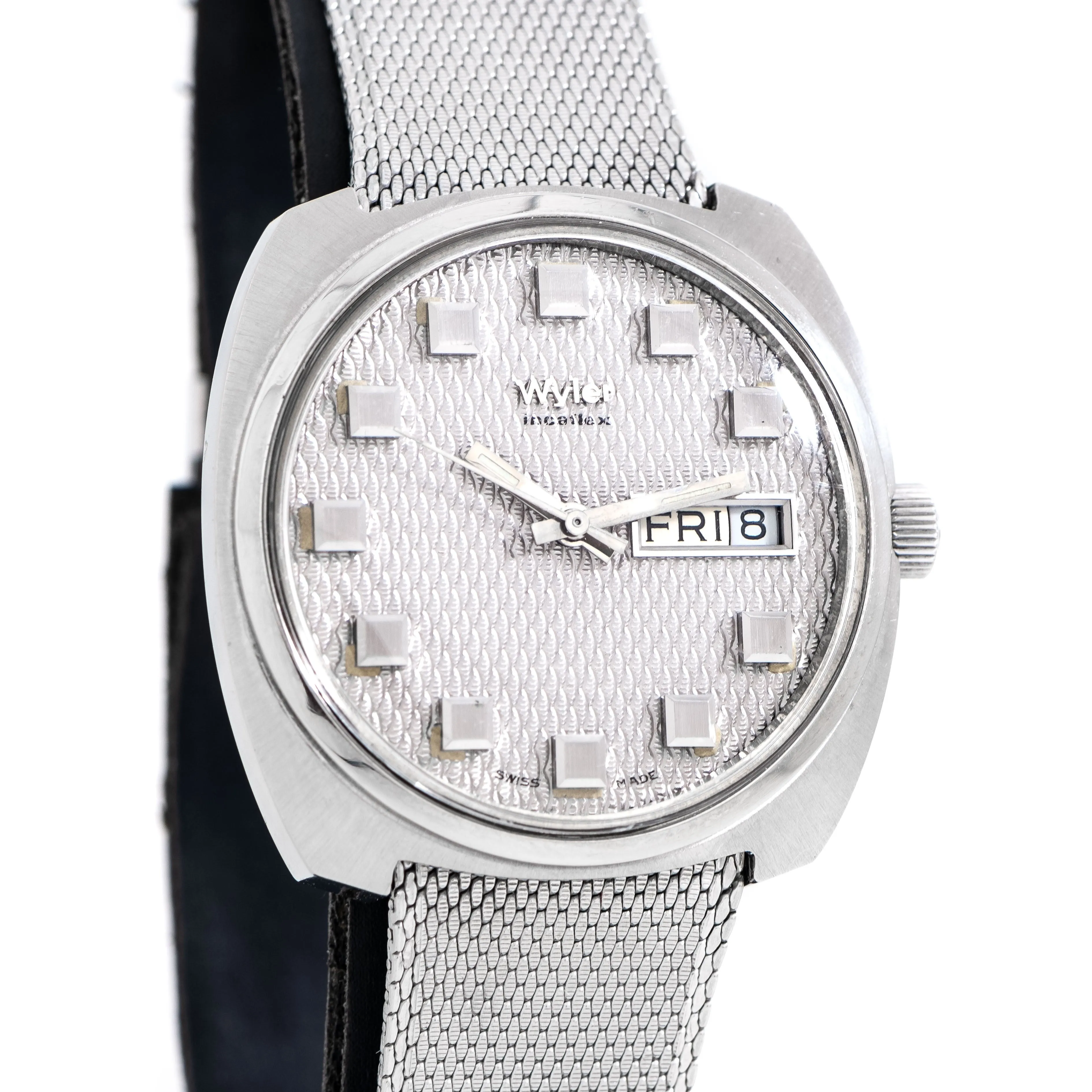 1960's Vintage Wyler Incaflex Day Date Guilloché Dial Ref. 1-4105 Watch in Stainless Steel (# 14962)