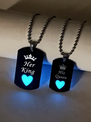 2pcs/set Couples Crown Heart Love Glow In The Dark  KING & QUEEN Charm Necklace