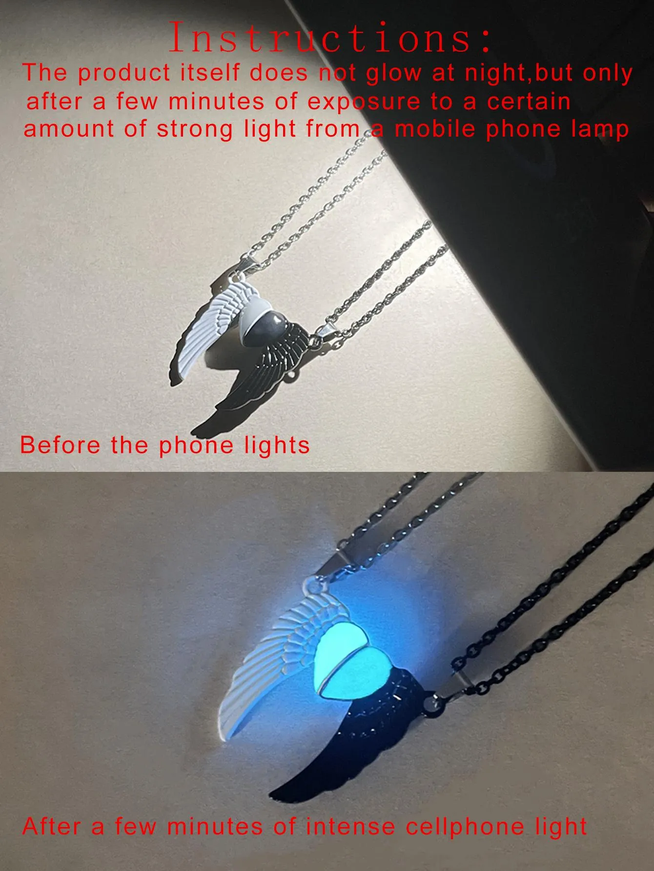 2pcs/set Couples Love Glow In The Dark Angel Wings Cute Stainless Steel Chain