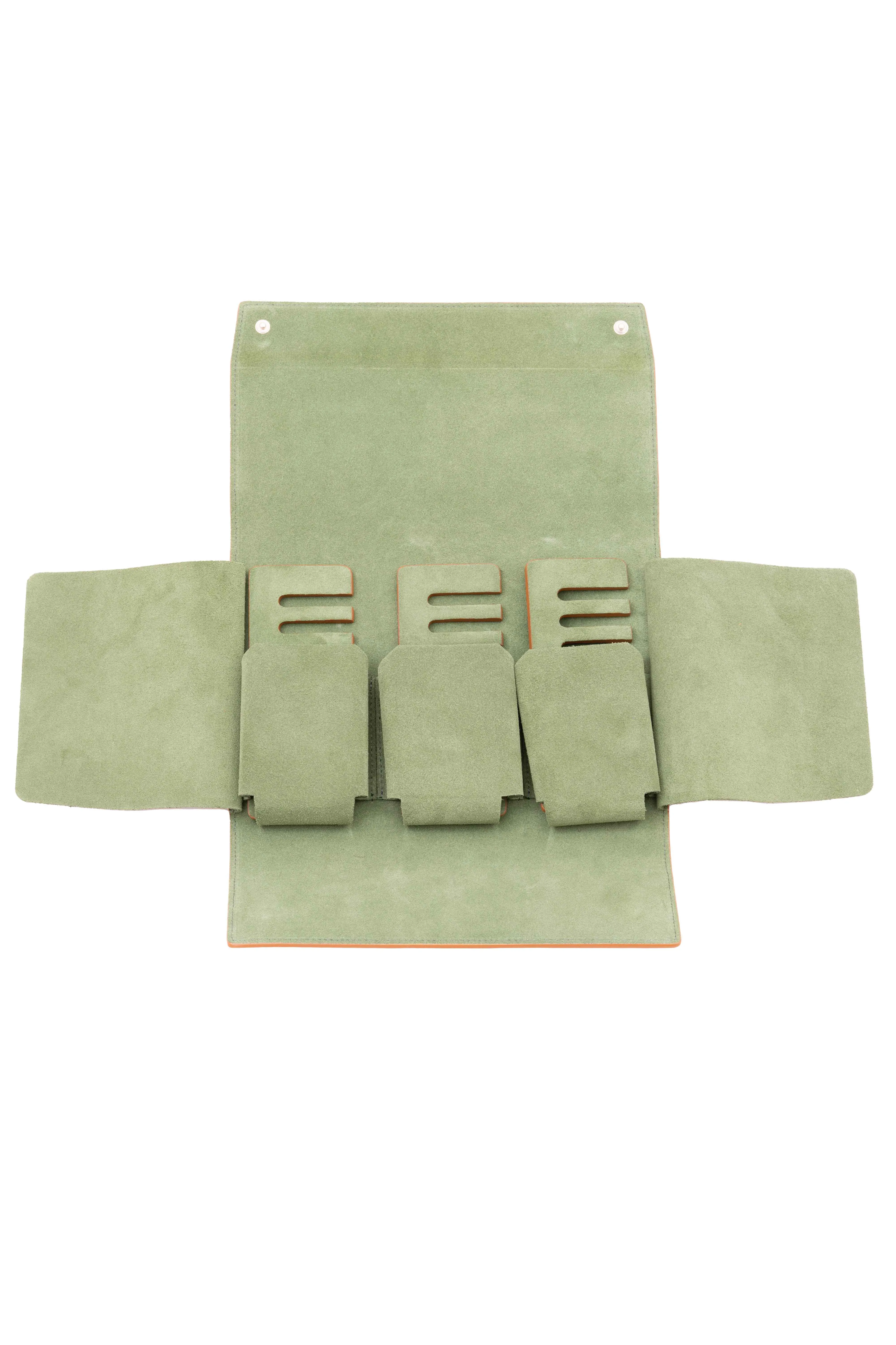 3-Watch Vintage Gold & Sage Green Suede Leather Watch Case