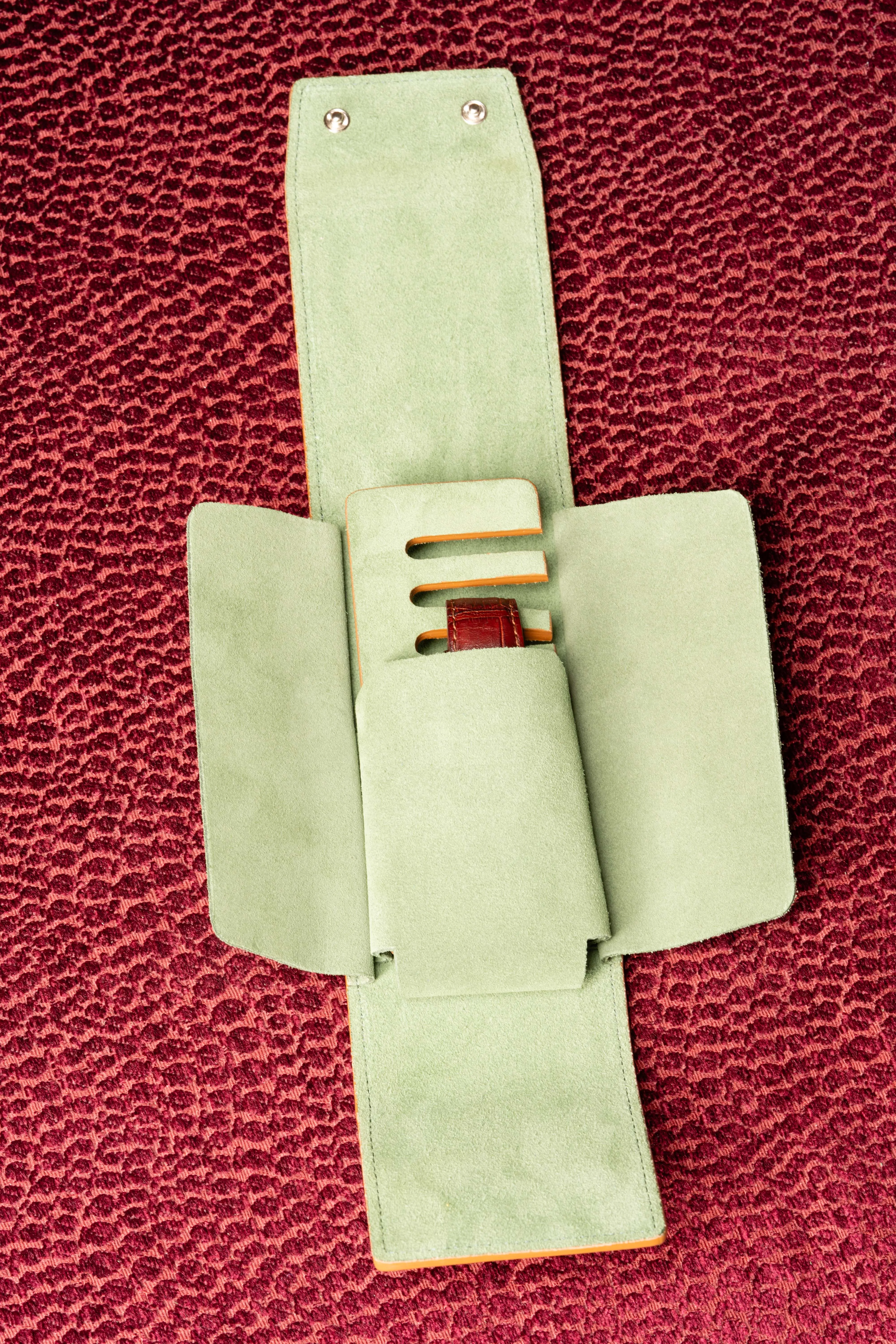 3-Watch Vintage Gold & Sage Green Suede Leather Watch Case