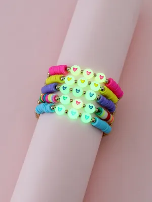 5pcs Girls Glow In The Dark Heart Detail Beaded Bracelet Kids Bracelet Stackable