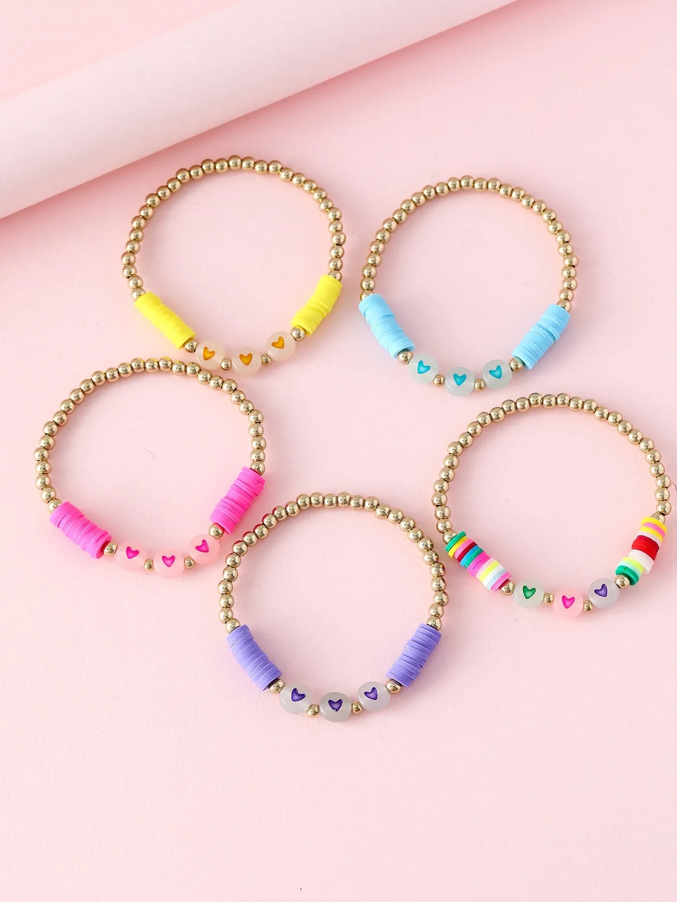 5pcs Girls Glow In The Dark Heart Detail Beaded Bracelet Kids Bracelet Stackable