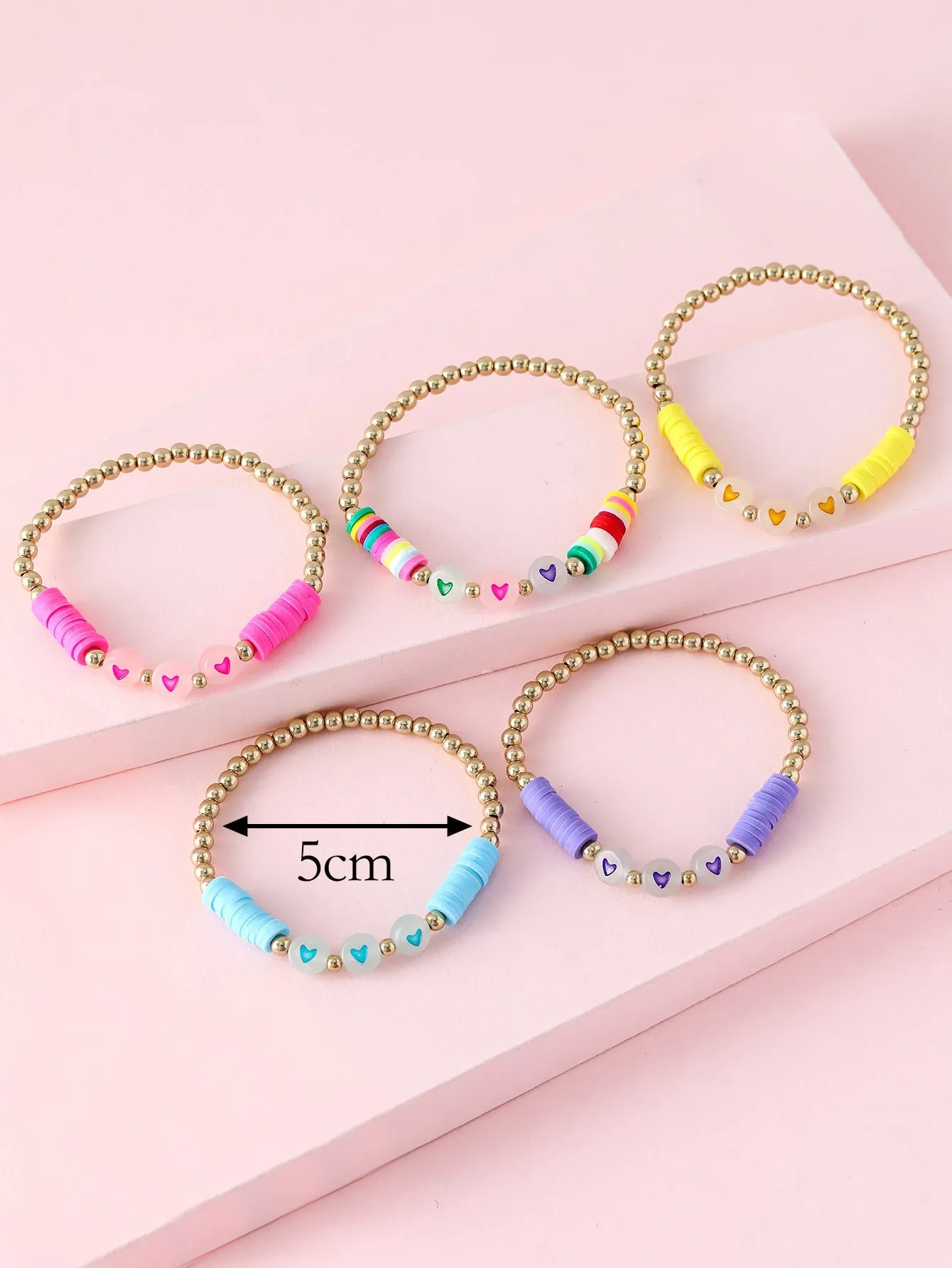 5pcs Girls Glow In The Dark Heart Detail Beaded Bracelet Kids Bracelet Stackable