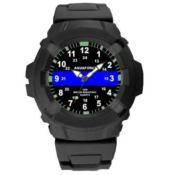 Aqua Force Thin Blue Line Police Officer Rugged Pu Rubber Watch (50m Water Resistant)