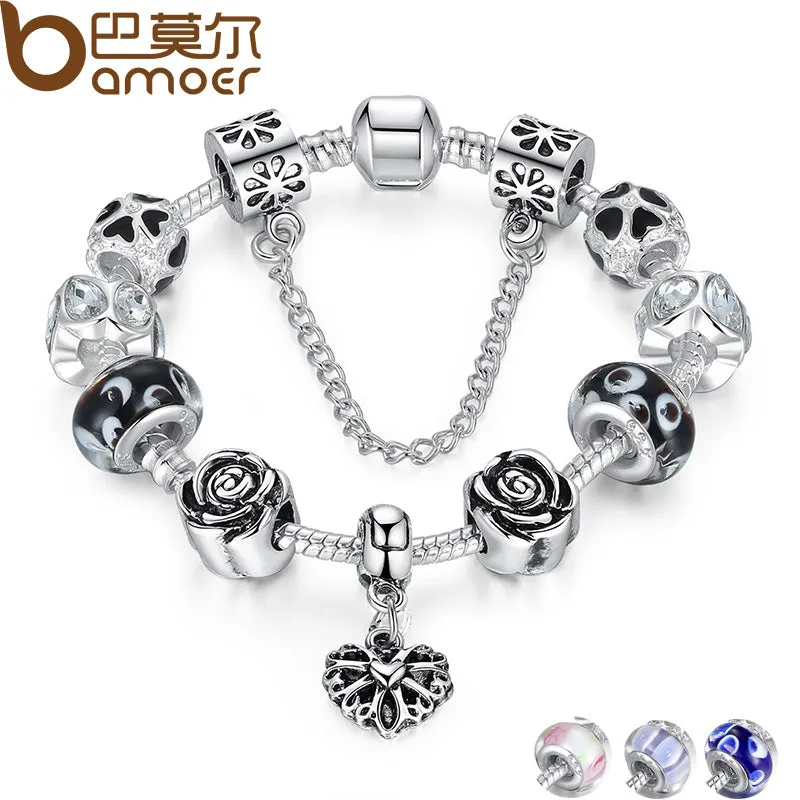 BAMOER 4 Colors Silver Heart Charm Bracelet Silver with Safety Chain & Black Beads Bracelet Authentic Jewelry PA1435