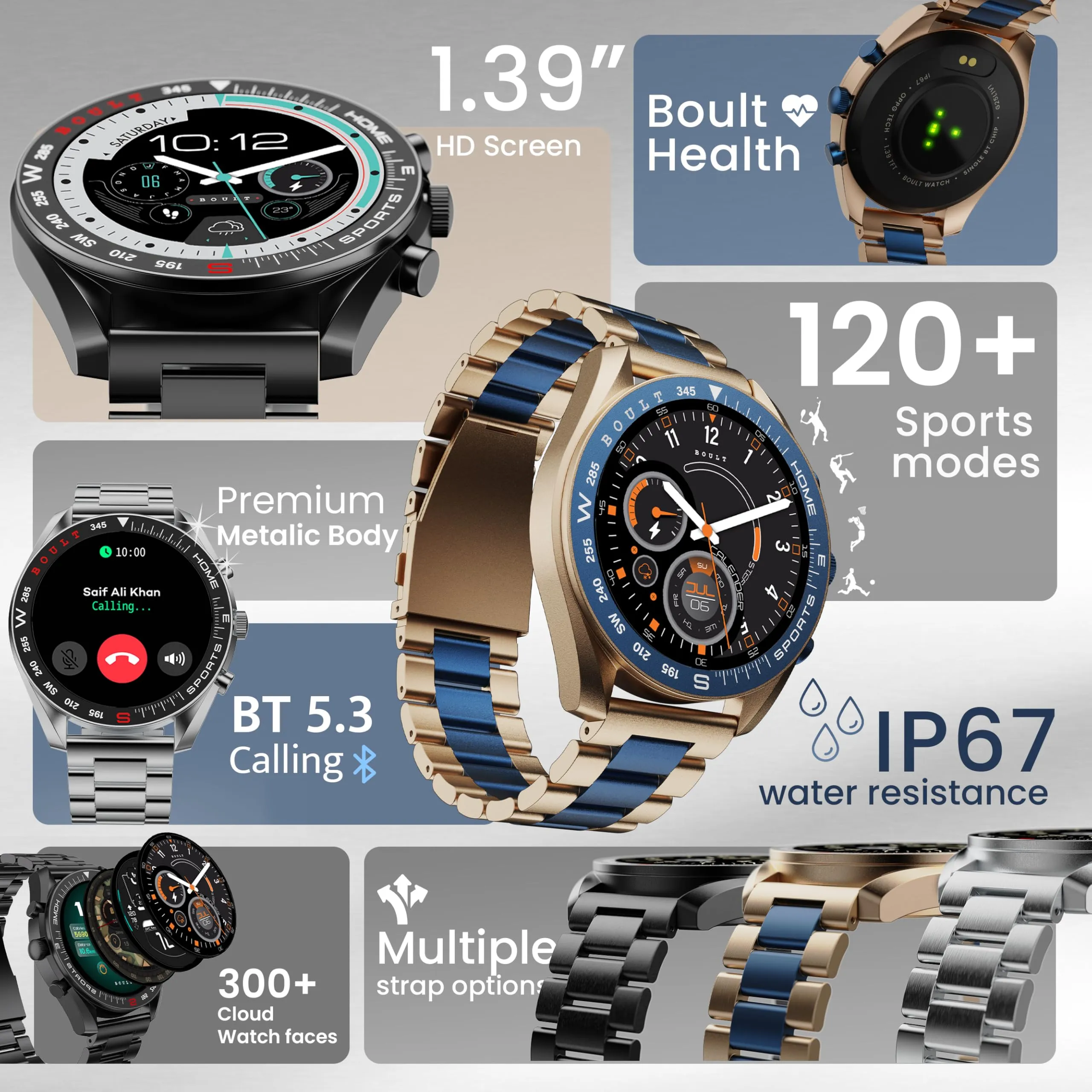 Boult Newly Launched Mirage Smart Watch 1.39''HD Screen, Bluetooth Calling, IP67, Zinc Alloy Frame, 500 Nits Brightness, AI Voice Assistant, SpO2 Monitoring, 120  Sports Mode (Amber Blue)