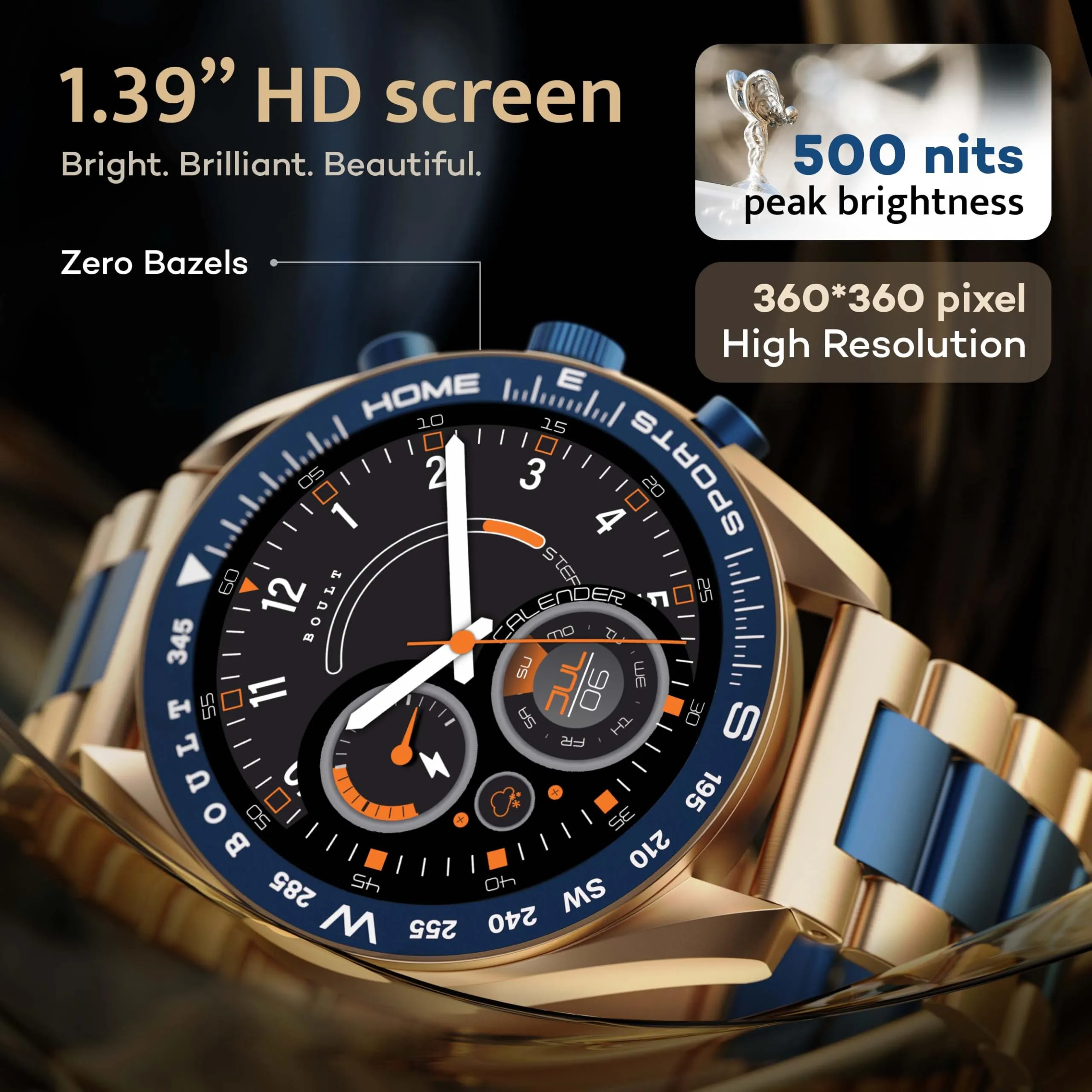 Boult Newly Launched Mirage Smart Watch 1.39''HD Screen, Bluetooth Calling, IP67, Zinc Alloy Frame, 500 Nits Brightness, AI Voice Assistant, SpO2 Monitoring, 120  Sports Mode (Amber Blue)