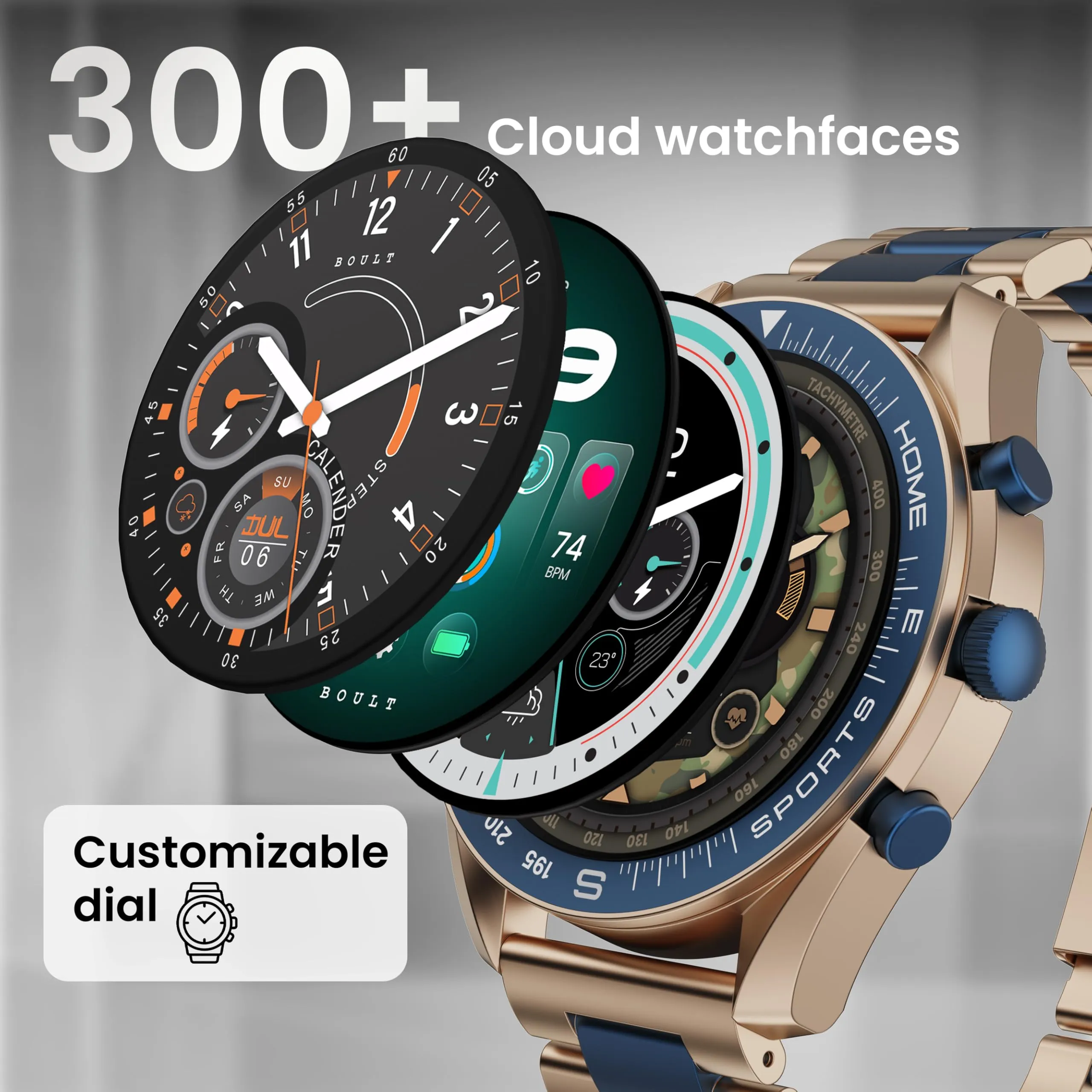 Boult Newly Launched Mirage Smart Watch 1.39''HD Screen, Bluetooth Calling, IP67, Zinc Alloy Frame, 500 Nits Brightness, AI Voice Assistant, SpO2 Monitoring, 120  Sports Mode (Amber Blue)