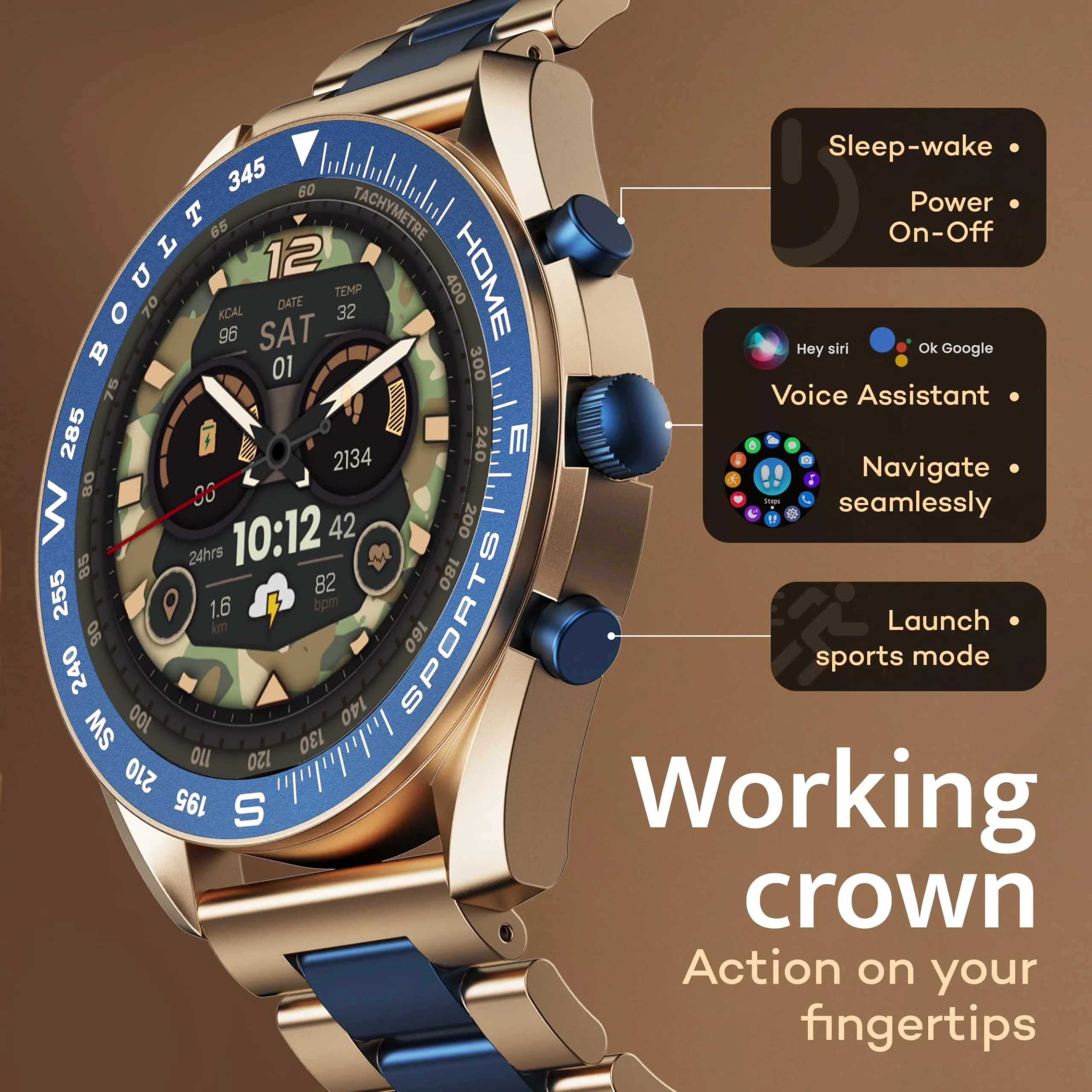 Boult Newly Launched Mirage Smart Watch 1.39''HD Screen, Bluetooth Calling, IP67, Zinc Alloy Frame, 500 Nits Brightness, AI Voice Assistant, SpO2 Monitoring, 120  Sports Mode (Amber Blue)