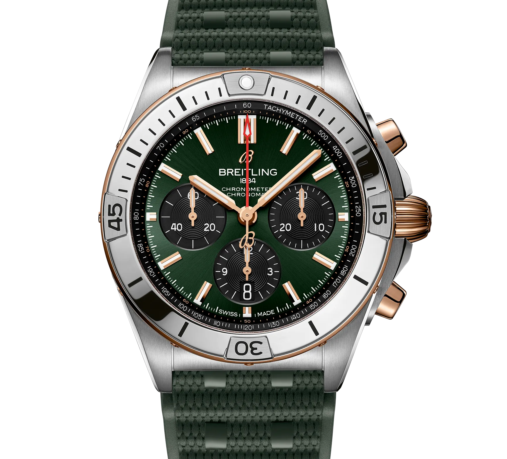 Breitling Chronomat B01 Chronograph 42 Watch with Green Dial and Rubber Strap