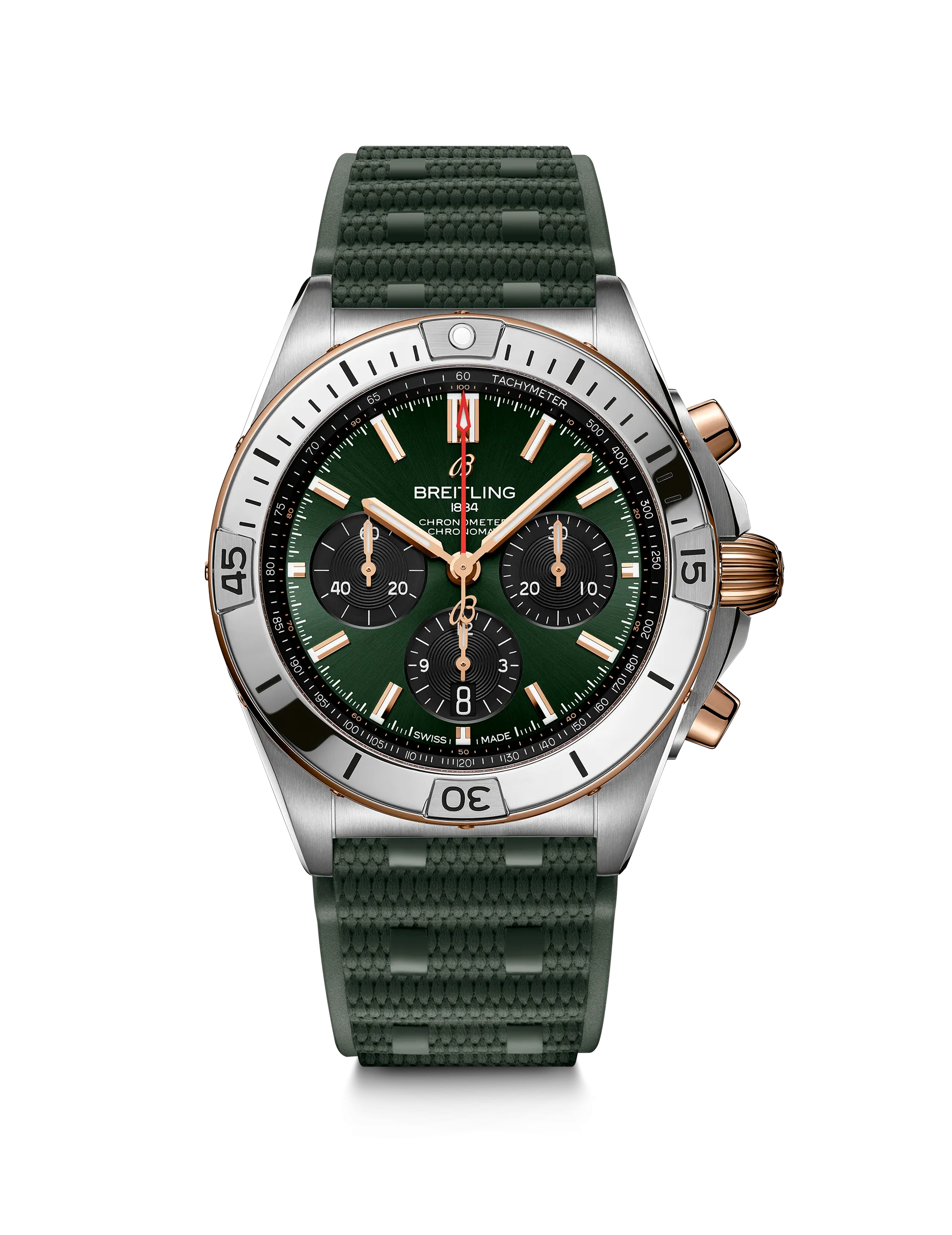 Breitling Chronomat B01 Chronograph 42 Watch with Green Dial and Rubber Strap