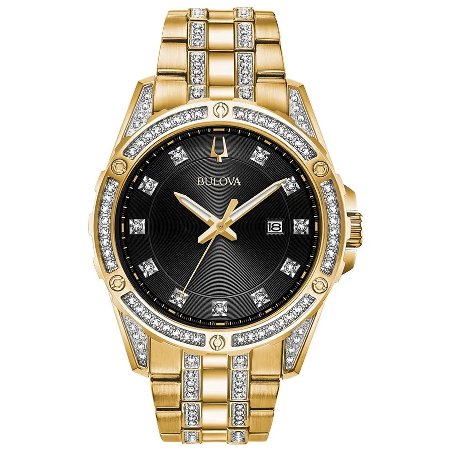 Bulova Crystal Accent Watch with 43MM Black Round Dial Stainless Steel Bracelet and Black Crystal Dogtag Pendant Box Set. 98K107