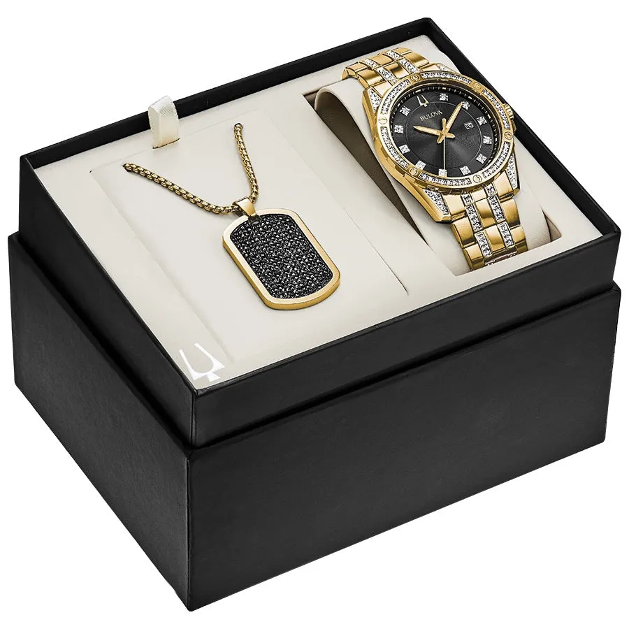 Bulova Crystal Accent Watch with 43MM Black Round Dial Stainless Steel Bracelet and Black Crystal Dogtag Pendant Box Set. 98K107