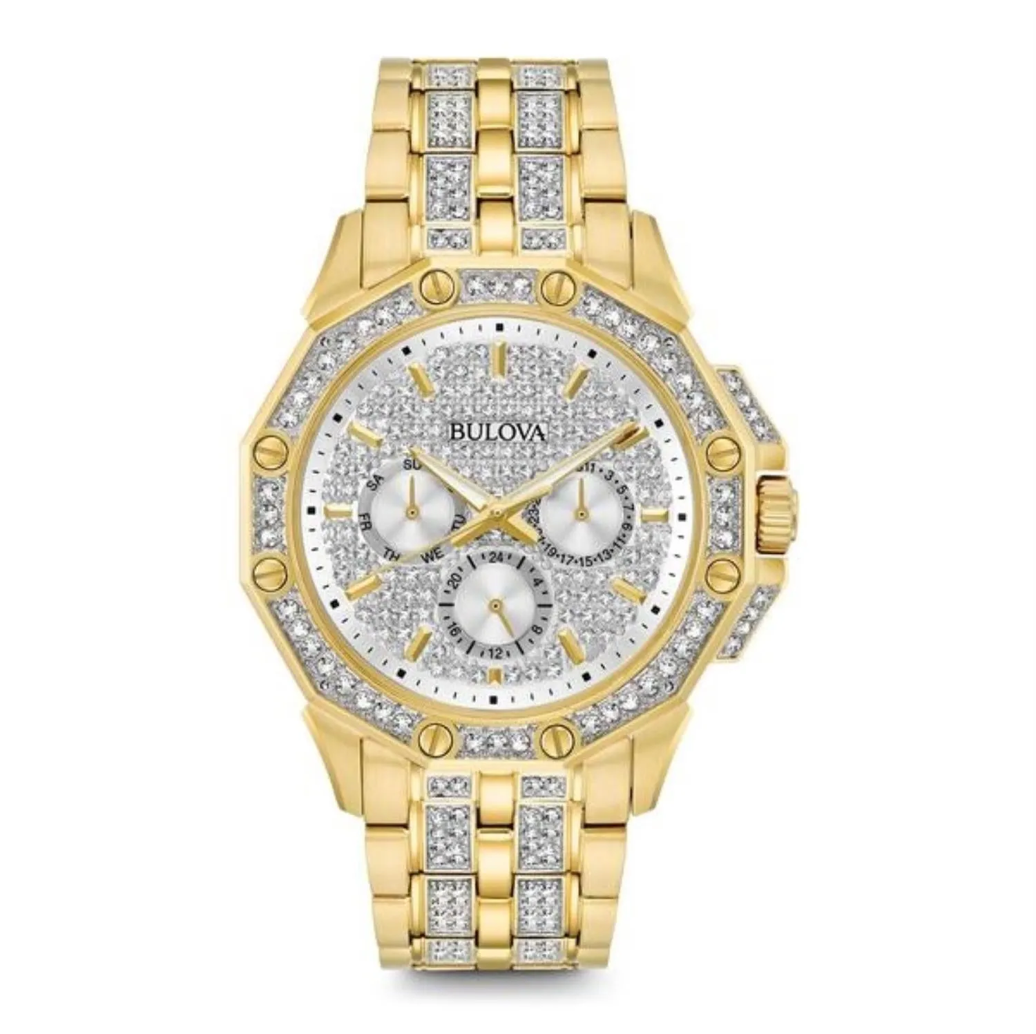 Bulova Crystal Collection Watch with 41MM Silvertone Round Dial and Stainless Steel Bracelet. 98C126