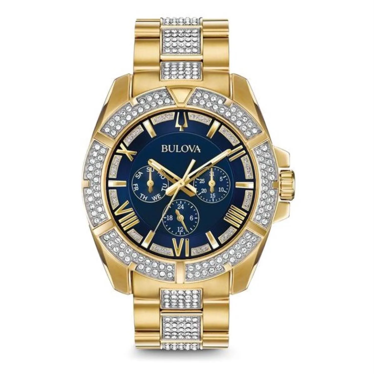 Bulova Crystal Collection Watch with Blue Round Dial and Stainless Steel Bracelet. 98C128