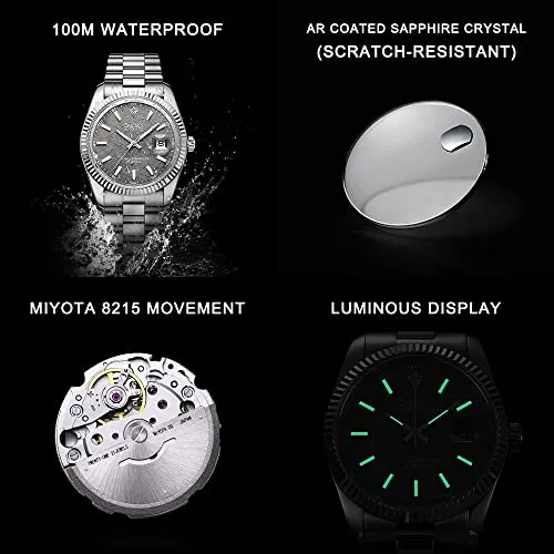 CADISEN Design Men Watches Mechanical Automatic 100M Waterproof Brand Luxury Stainless Steel Watch H0mage, 8214GRAY