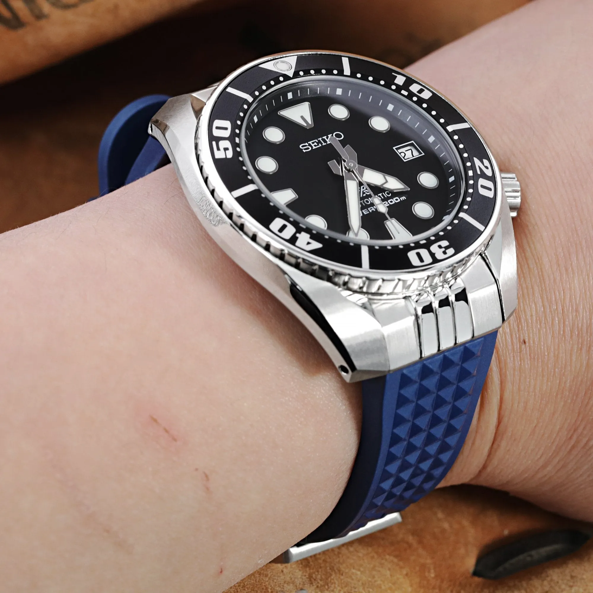 Chaffle Blue FKM Rubber   Add-on End Piece watch strap compatible with Seiko Sumo SPB103