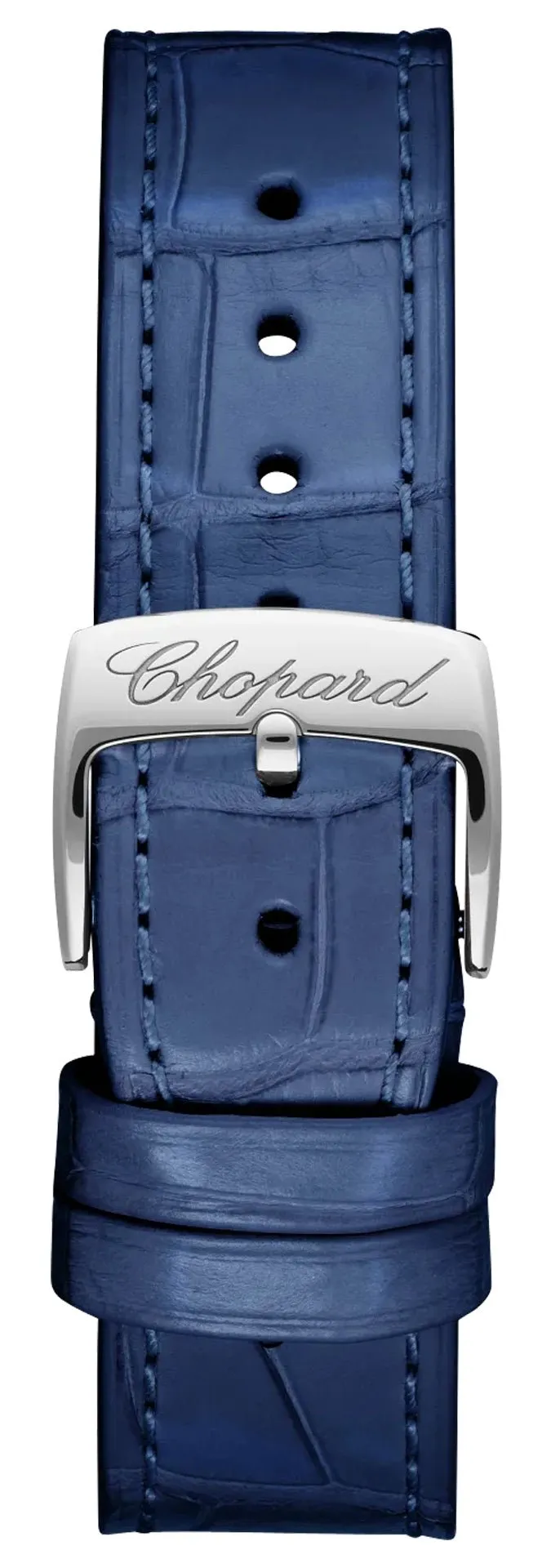 Chopard Happy Sport Automatic 18K Rose Gold & Stainless Steel Blue Mother-Of-Pearl Dial Blue Leather Floating Diamonds Womens Watch 278578-6003