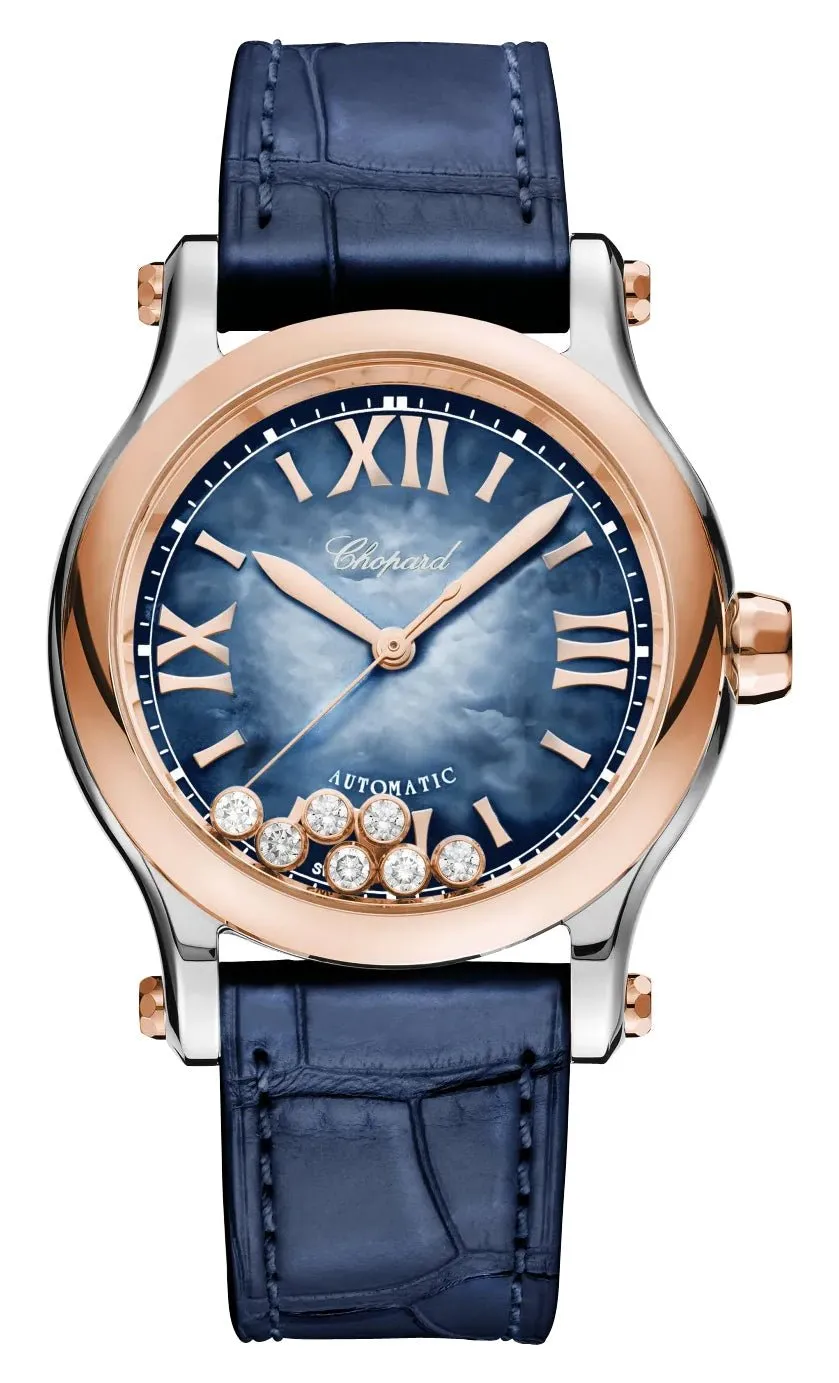 Chopard Happy Sport Automatic 18K Rose Gold & Stainless Steel Blue Mother-Of-Pearl Dial Blue Leather Floating Diamonds Womens Watch 278578-6003