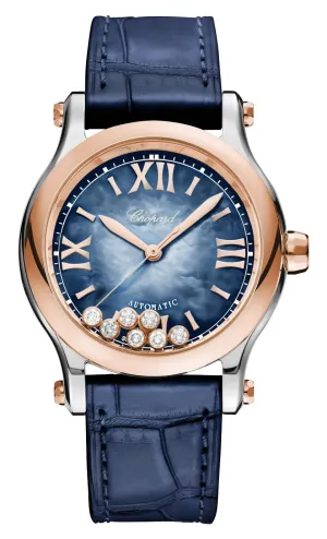 Chopard Happy Sport Automatic 18K Rose Gold & Stainless Steel Blue Mother-Of-Pearl Dial Blue Leather Floating Diamonds Womens Watch 278578-6003