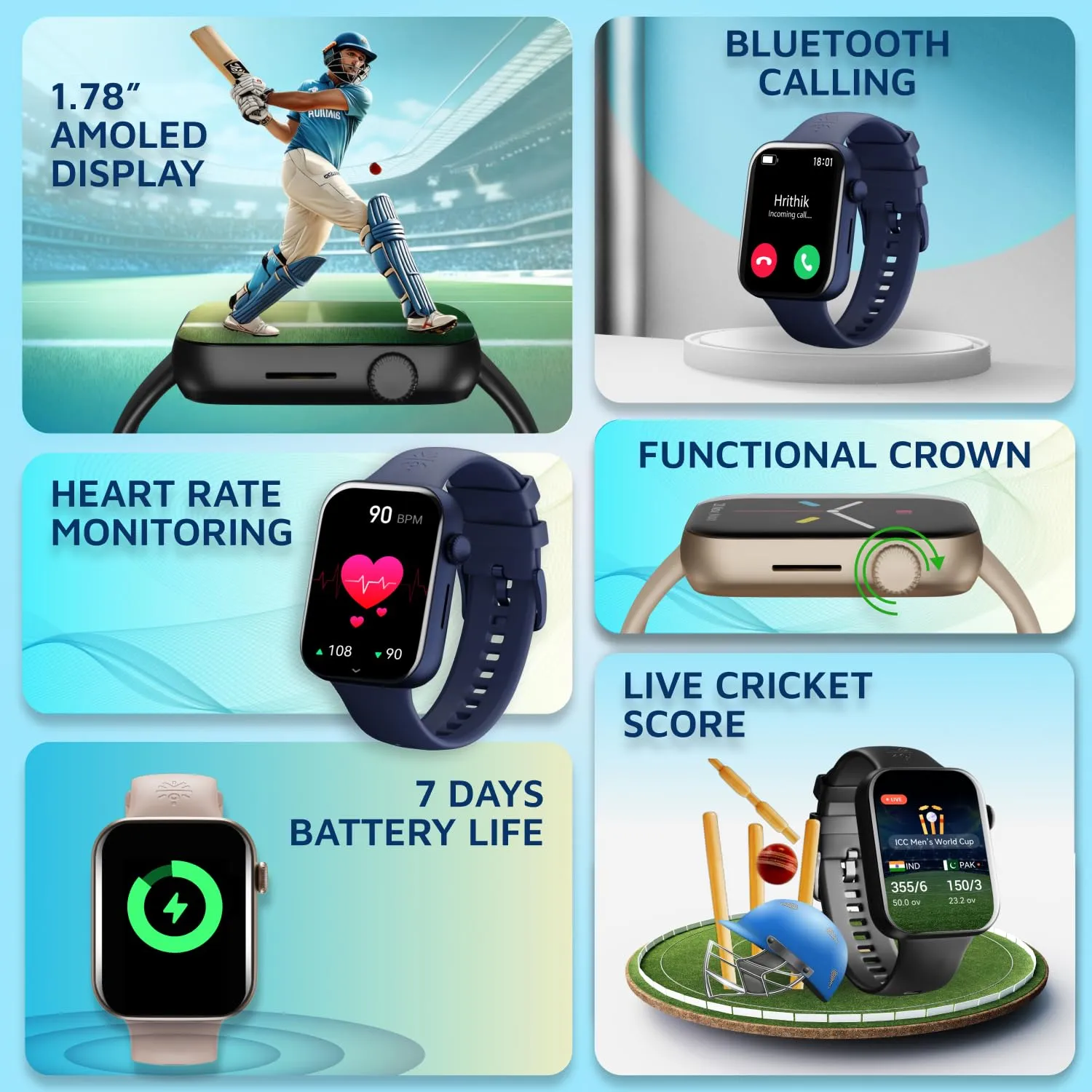 Cultsport Cult.Sport Burn Plus 1.78" Amoled, Live Cricket Score, 368X448 Best-in-Class Resolution, Bt Calling, Crown Control, Always On Display, 7 Days Battery Life,(Blue Silicone Strap)