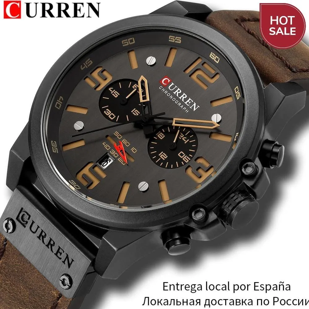 CURREN Mens Watches Top Luxury Brand Waterproof Sport Wrist Watch Chronograph Quartz Military Genuine Leather Relogio Masculino