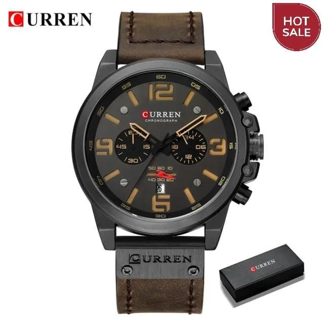 CURREN Mens Watches Top Luxury Brand Waterproof Sport Wrist Watch Chronograph Quartz Military Genuine Leather Relogio Masculino