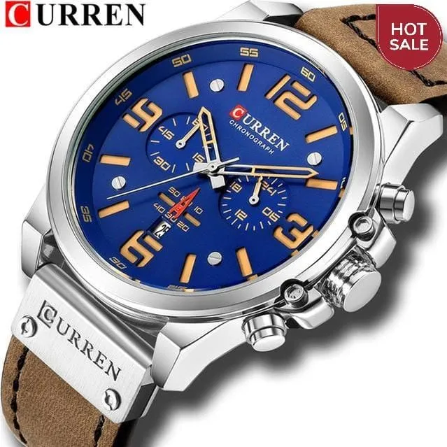 CURREN Mens Watches Top Luxury Brand Waterproof Sport Wrist Watch Chronograph Quartz Military Genuine Leather Relogio Masculino