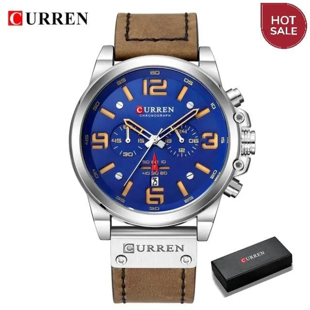 CURREN Mens Watches Top Luxury Brand Waterproof Sport Wrist Watch Chronograph Quartz Military Genuine Leather Relogio Masculino