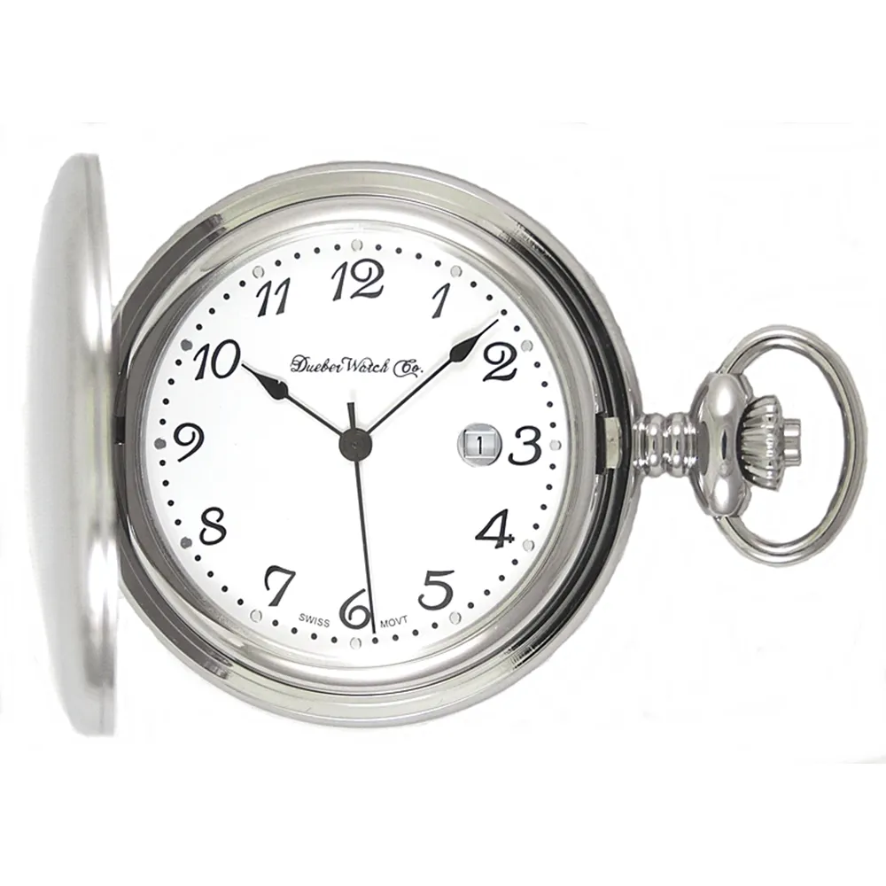 Dueber 312-110 Pocket Watch, Swiss Made Movement, High Polished Chrome Plated Steel Case