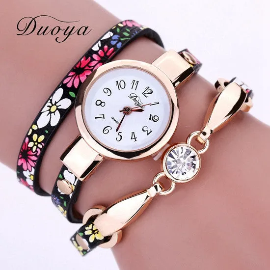 Duoya Watch Women Brand Flower Luxury Gold Women Luxury Bracelet Watch Dress Vintage Female Electronic Quartz Wristwatch