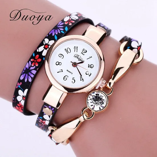 Duoya Watch Women Brand Flower Luxury Gold Women Luxury Bracelet Watch Dress Vintage Female Electronic Quartz Wristwatch