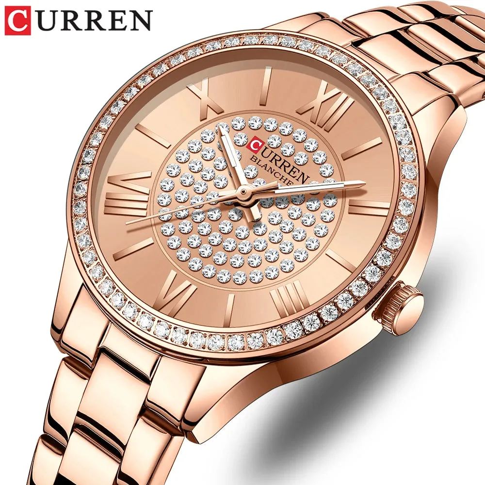 Elegance® Opulent Rose Watch Luxury Rhinestones Rose Dial Fashion Watches with Stainless Steel Band New Quartz Wristwatches for Women