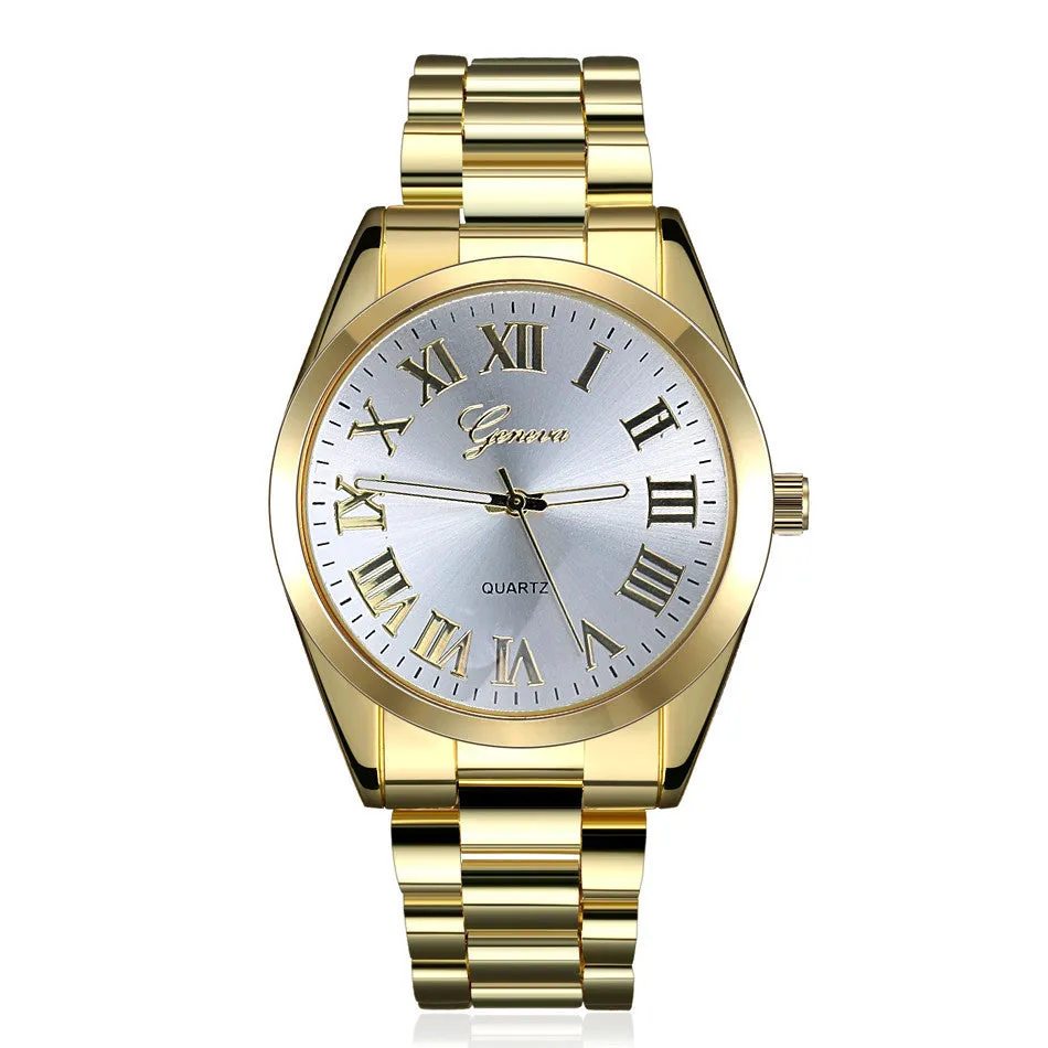 Fashion Steel Gold Watches Geneva Watch Wristwatches Women Dress Watch Men's Watches Quartz Gift