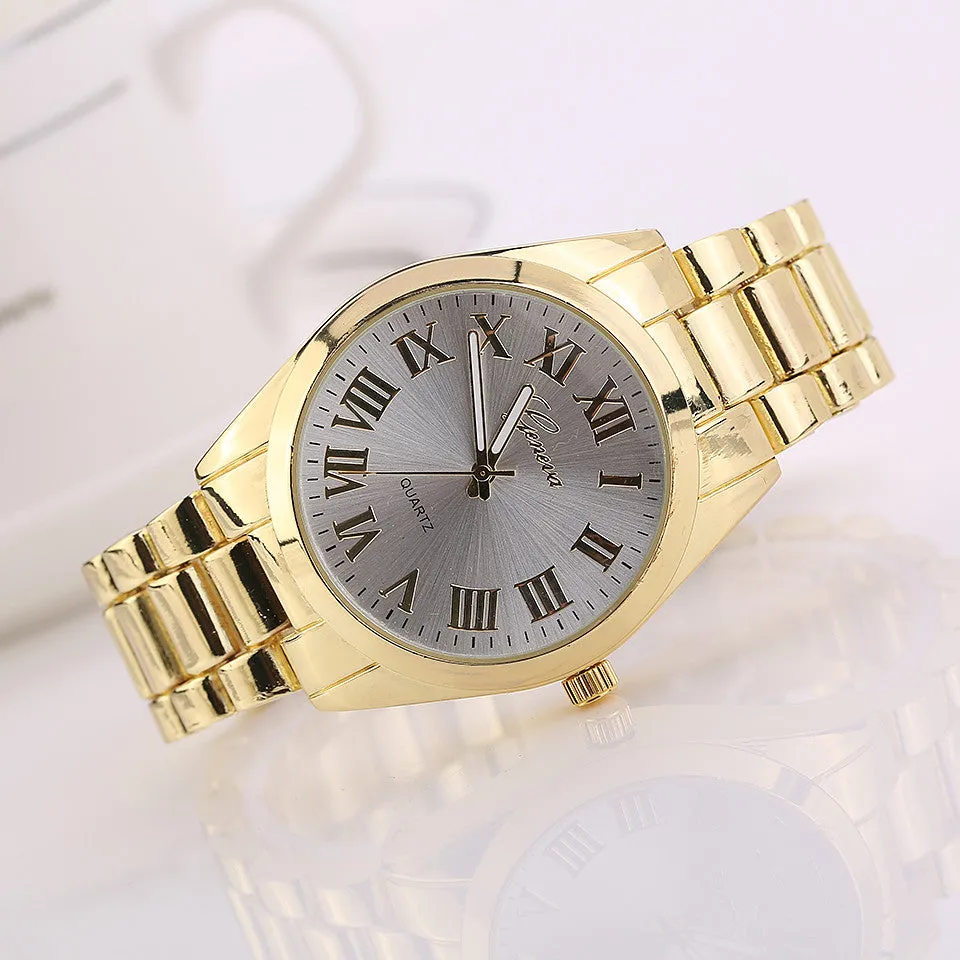 Fashion Steel Gold Watches Geneva Watch Wristwatches Women Dress Watch Men's Watches Quartz Gift