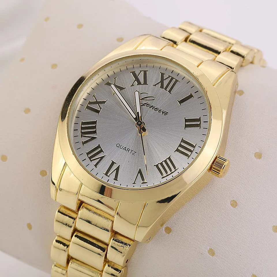 Fashion Steel Gold Watches Geneva Watch Wristwatches Women Dress Watch Men's Watches Quartz Gift