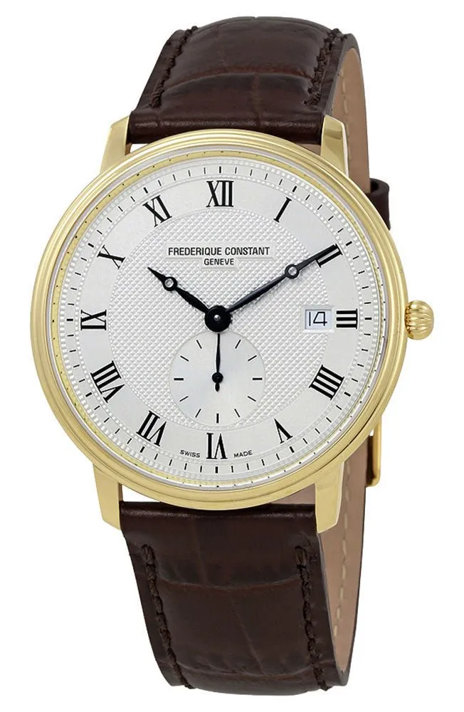 Frederique Constant Slimline Silver Dial Gold Tone Steel Brown Leather Strap Quartz Mens Watch FC-245M5S5