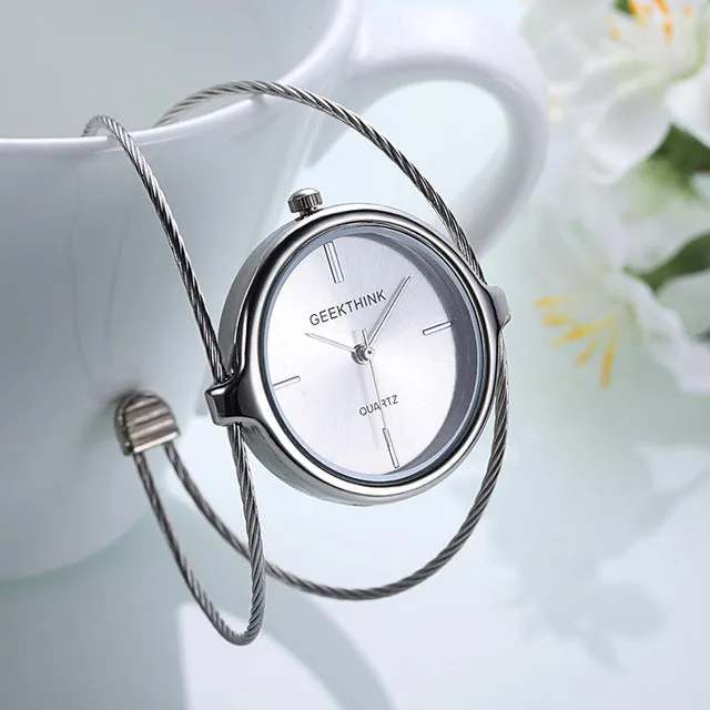 GEEKTHINK 2017 Unique Fashion Brand Quartz Watch Women female Dress Girls Bracelet Bangle Casual Double Ring steel wristwatch