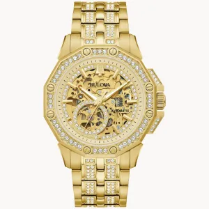 Gent's Gold Tone Bulova "Octava" with Skeleton Dial & Crystal Bezel/Bracelet/Dial