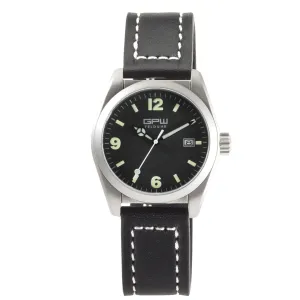 German Military Titanium Watch. GPW Fieldwatch Automatic. 200M W/R. Sapphire Crystal. Black Leatherstrap with white stitching.