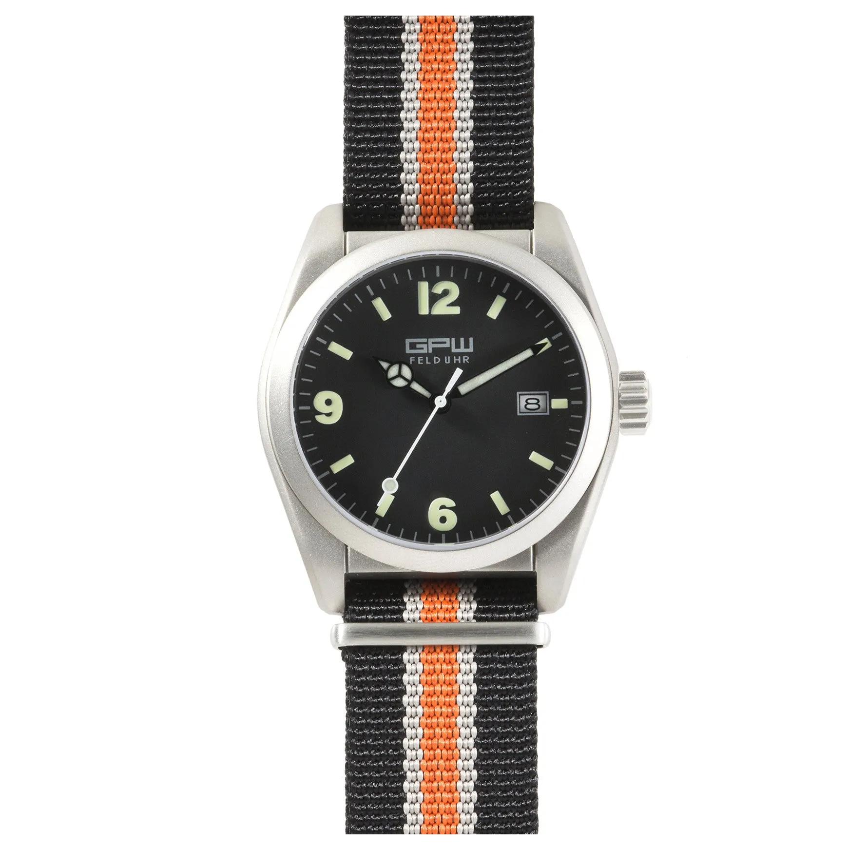 German Military Titanium Watch. GPW Fieldwatch Automatic. 200M W/R. Sapphire Crystal. Black White & Orange Nylon Strap.