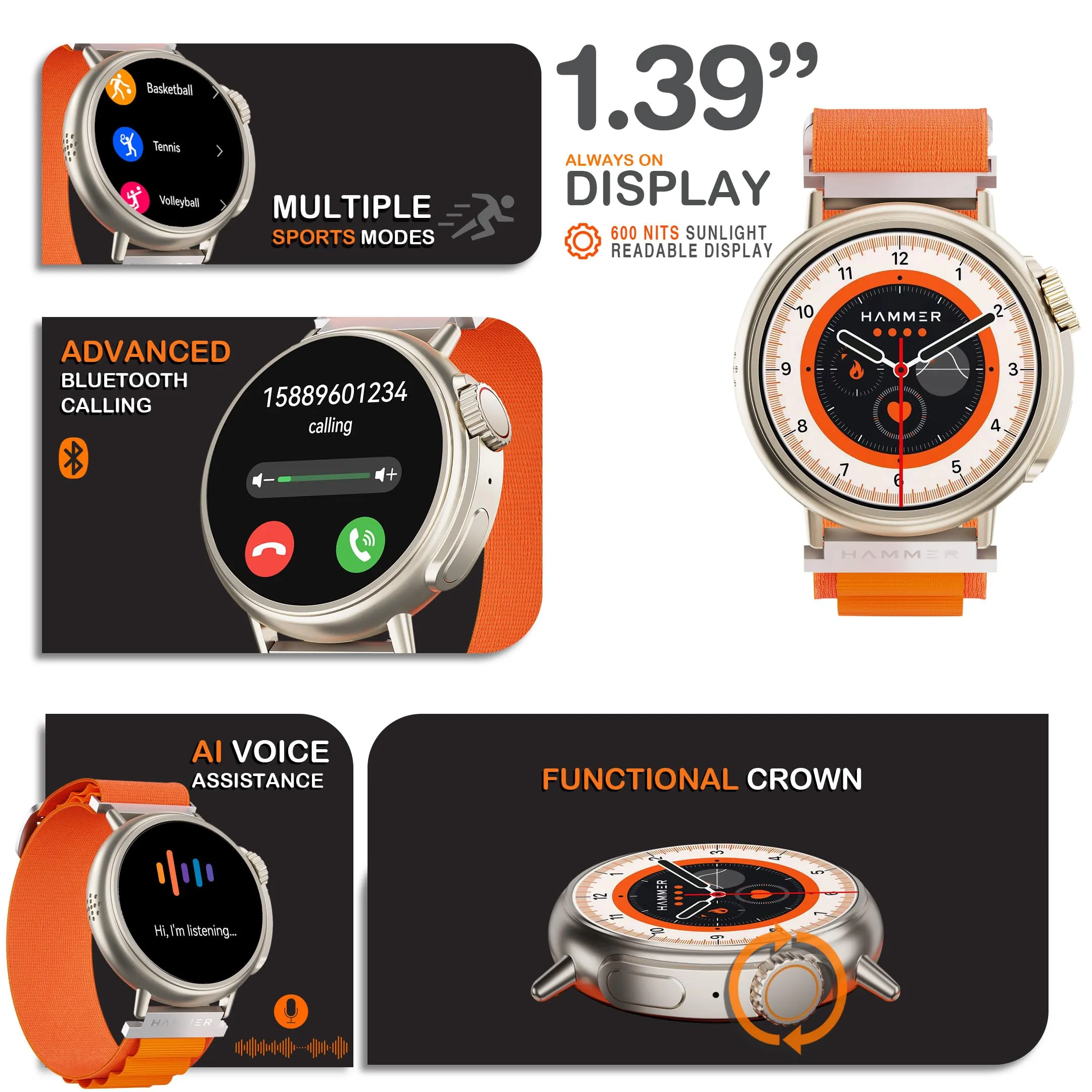 HAMMER Active 3.0 1.39" Round Dial Smart Watch for Men, Always On Display, Metallic Body, Bluetooth Calling, Notifications (Pop Orange)