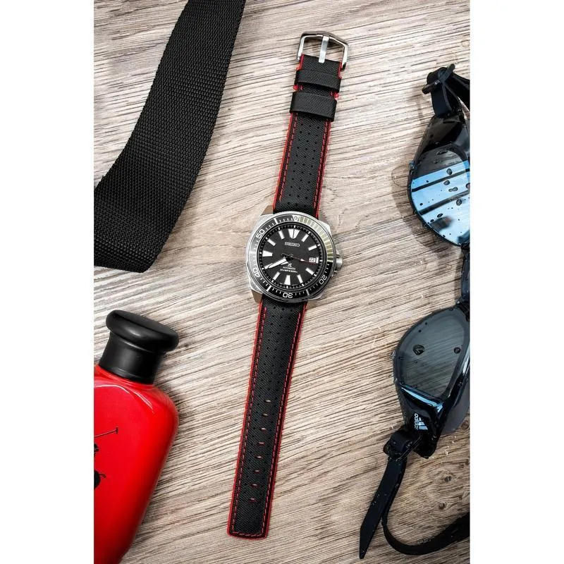 Hirsch ROBBY Sailcloth Effect Performance Watch Strap in BLACK / RED